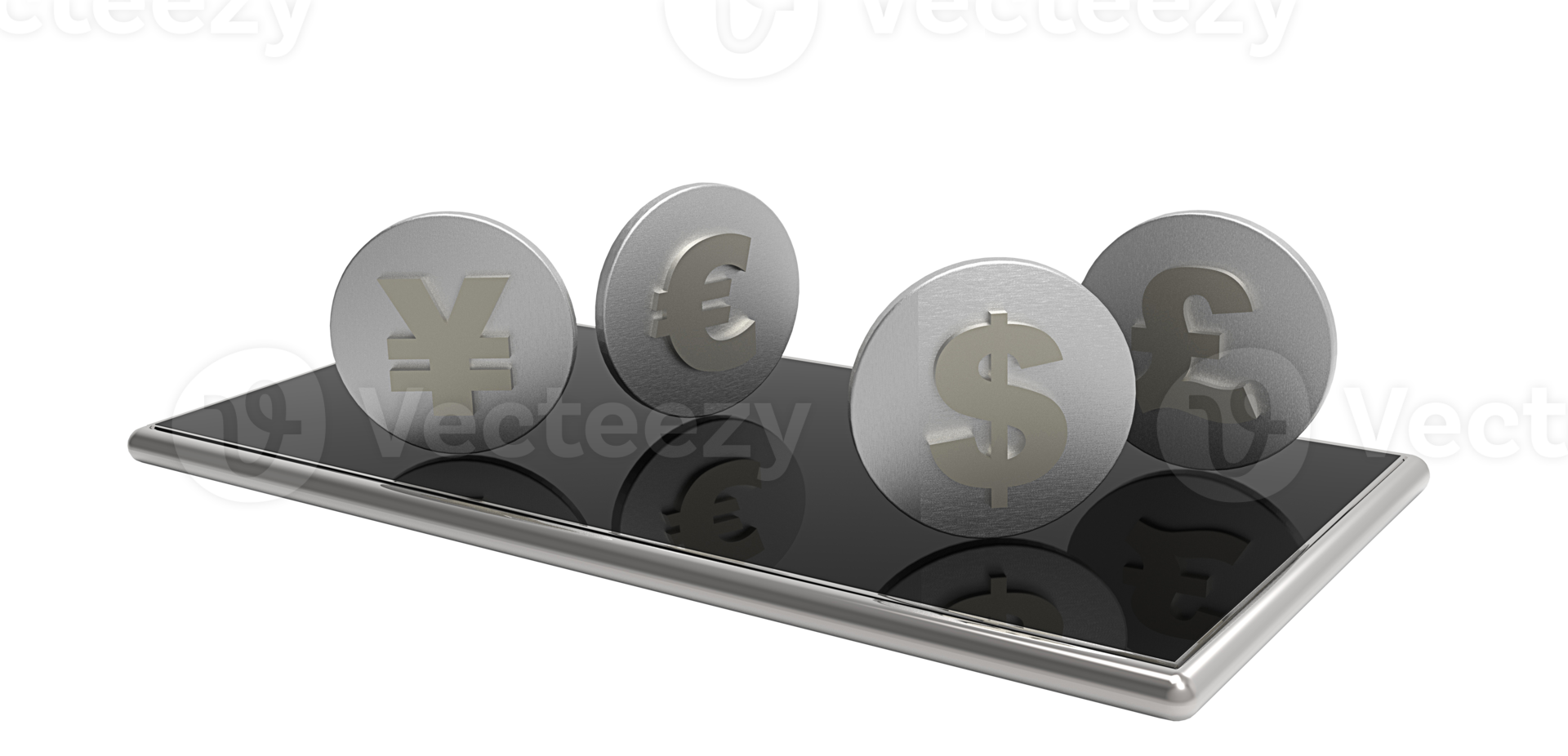 Mobile phone and coins. 3D rendering. png