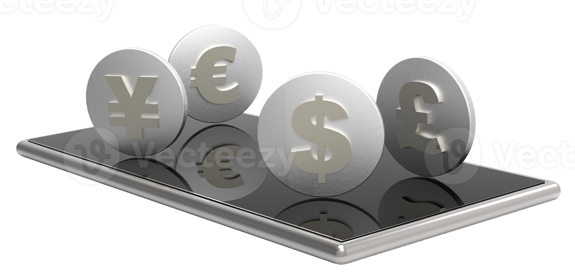 Mobile phone and coins. 3D rendering. png