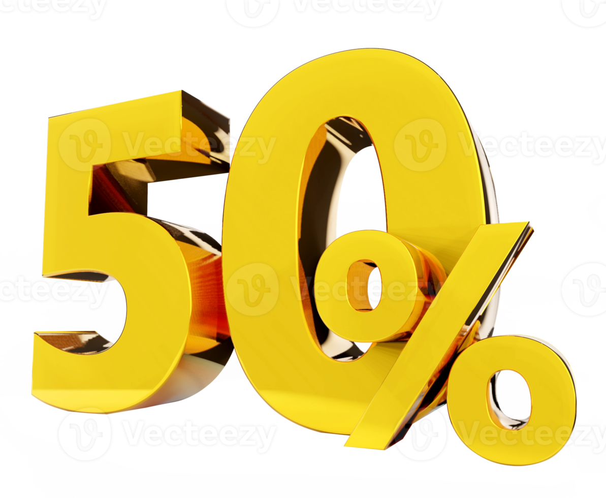 Simbolo dorato del 50 percento, rendering 3d png