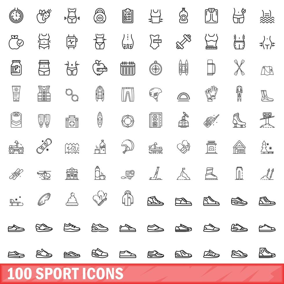 100 iconos deportivos, estilo de esquema vector