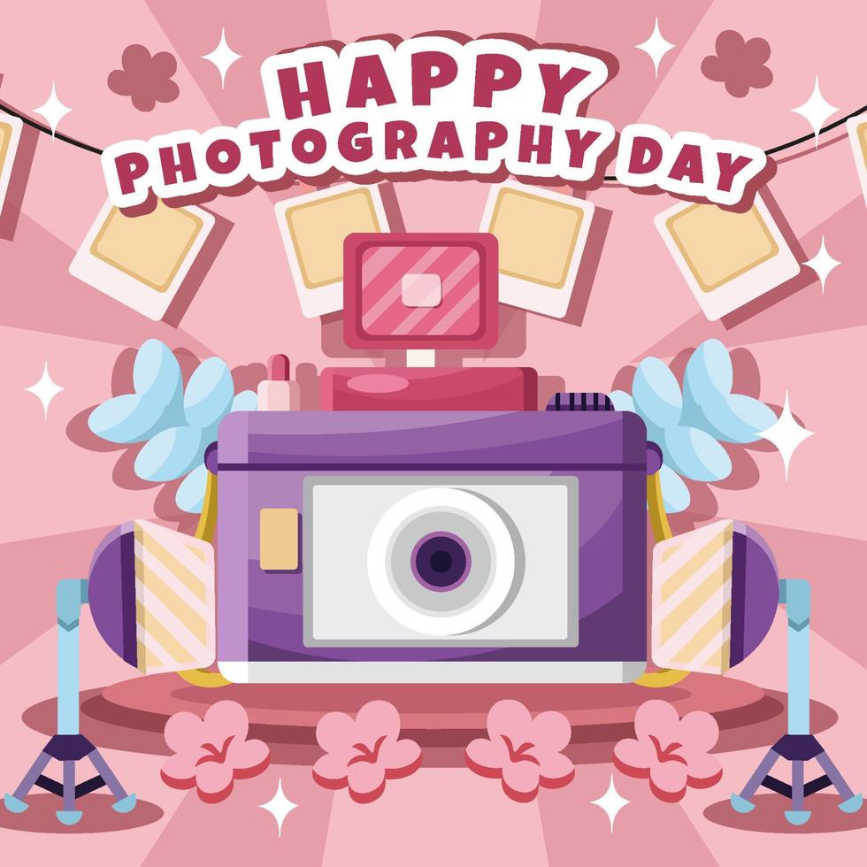 Happy Photography Day with Cute Camera Concept vector