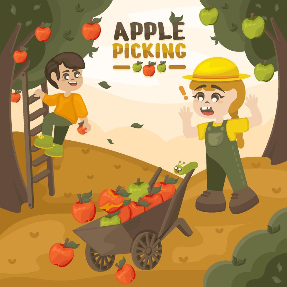 Girl Surprised by Caterpillar During Apple Picking vector