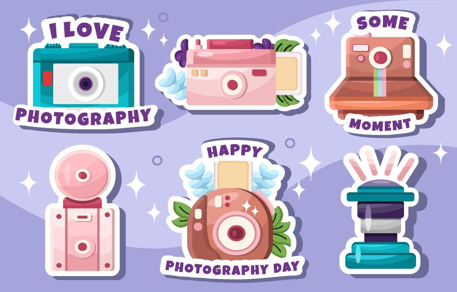 Photography Day with Cute Camera Variant Sticker Set vector