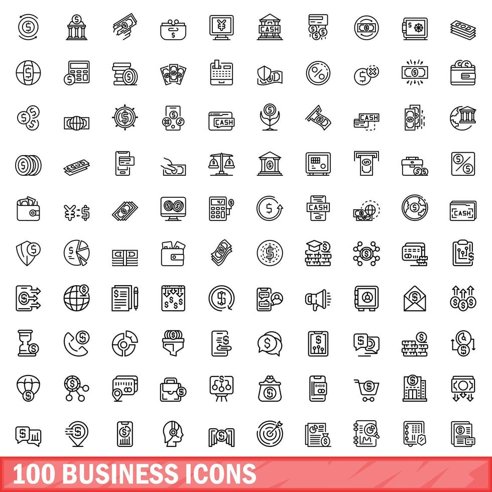 100 business icons set, outline style vector