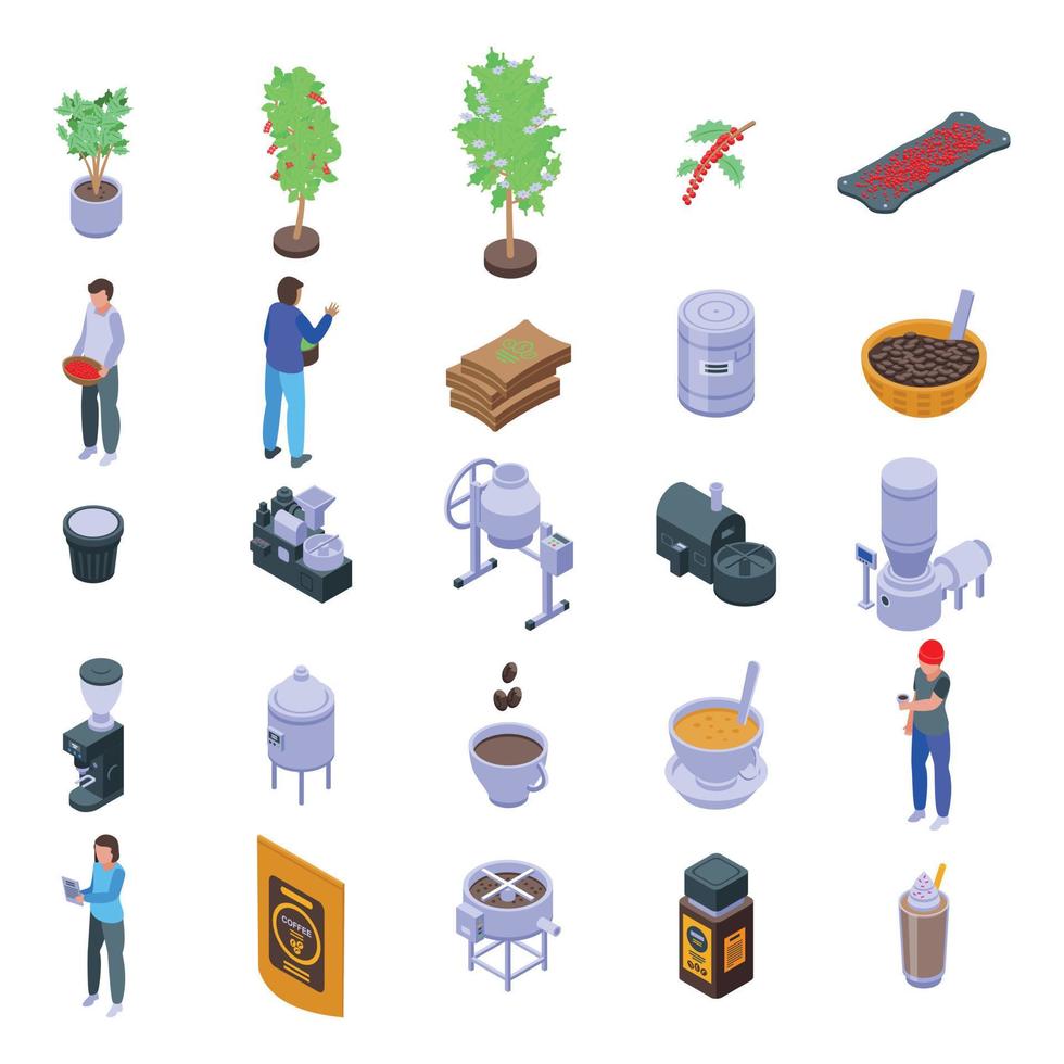 Coffee production icons set, isometric style vector