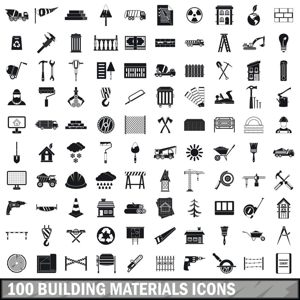 100 materiales de construcción, conjunto de iconos de estilo simple vector