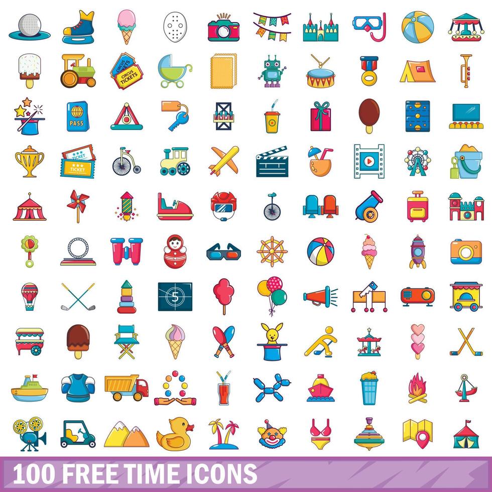 100 iconos de tiempo libre, estilo de dibujos animados vector