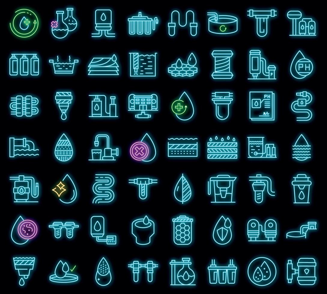 Equipment for water purification icons set vector neon