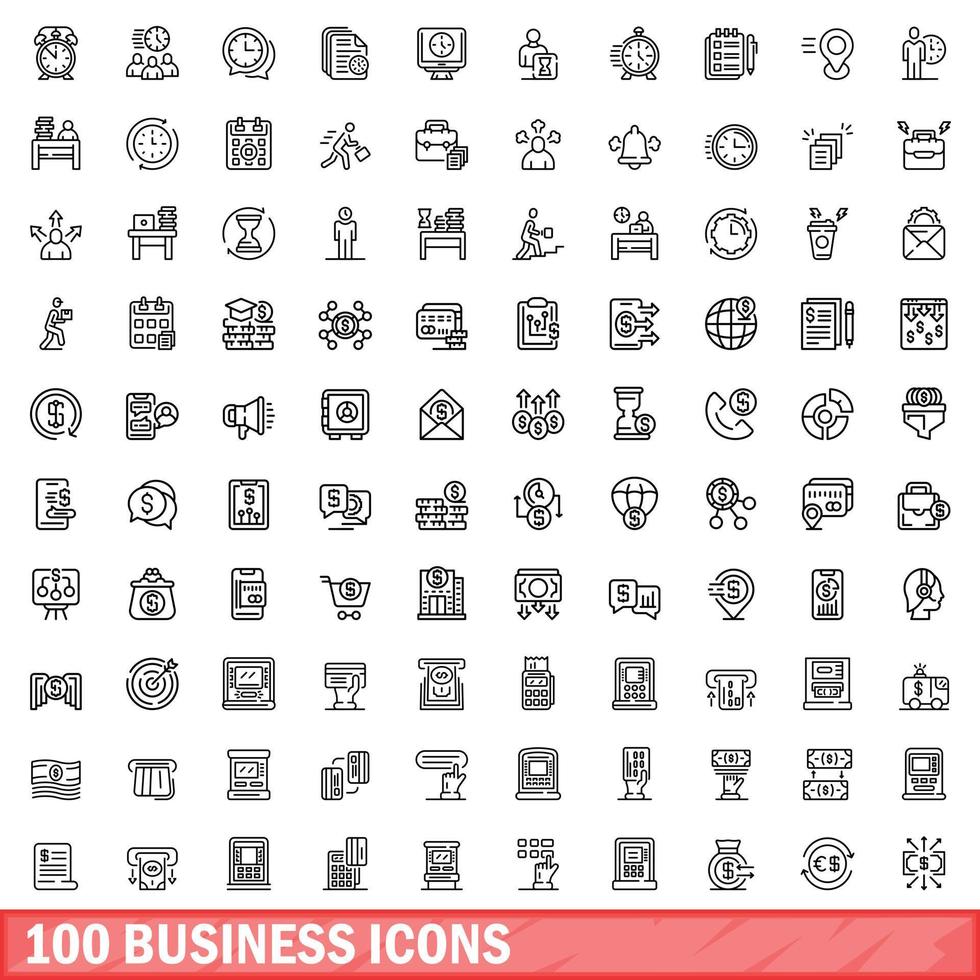 100 business icons set, outline style vector