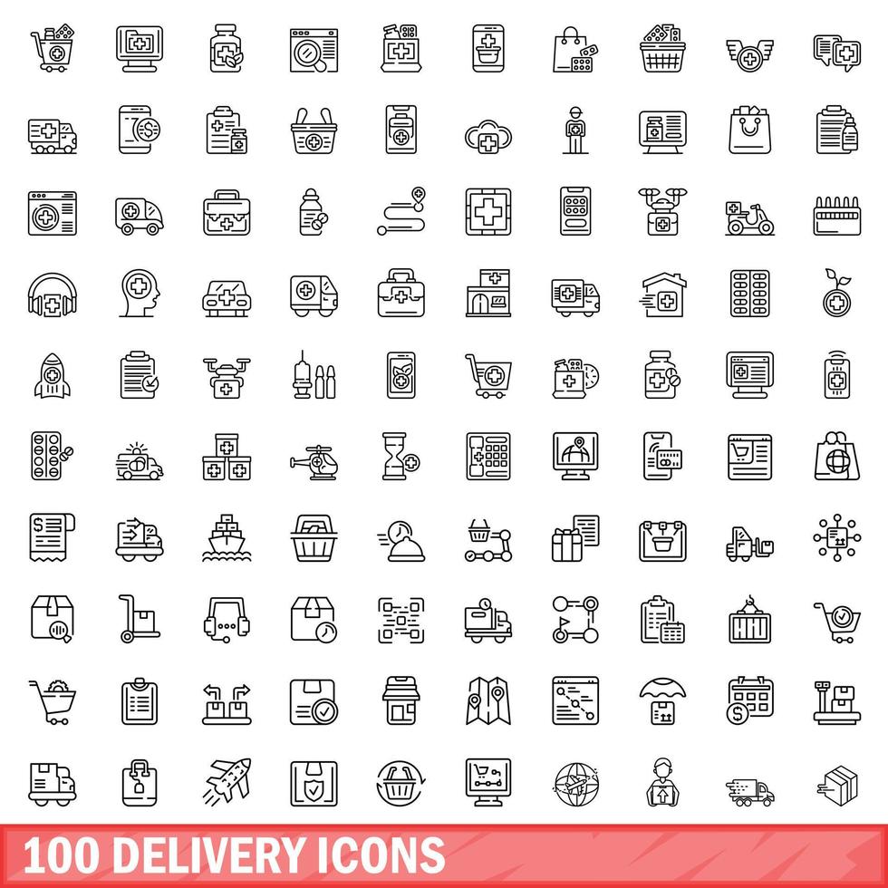 100 delivery icons set, outline style vector