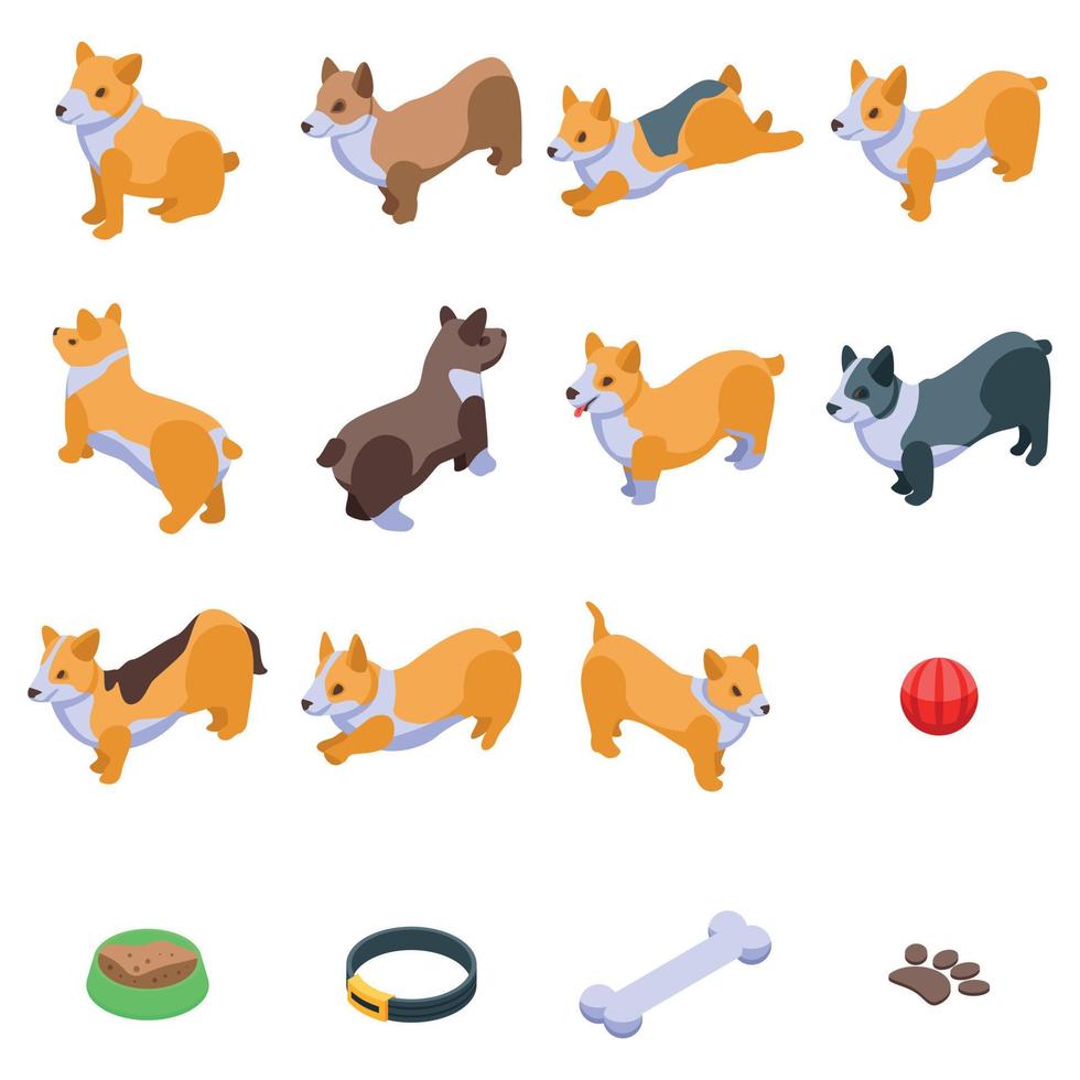 Corgi dogs icons set, isometric style vector