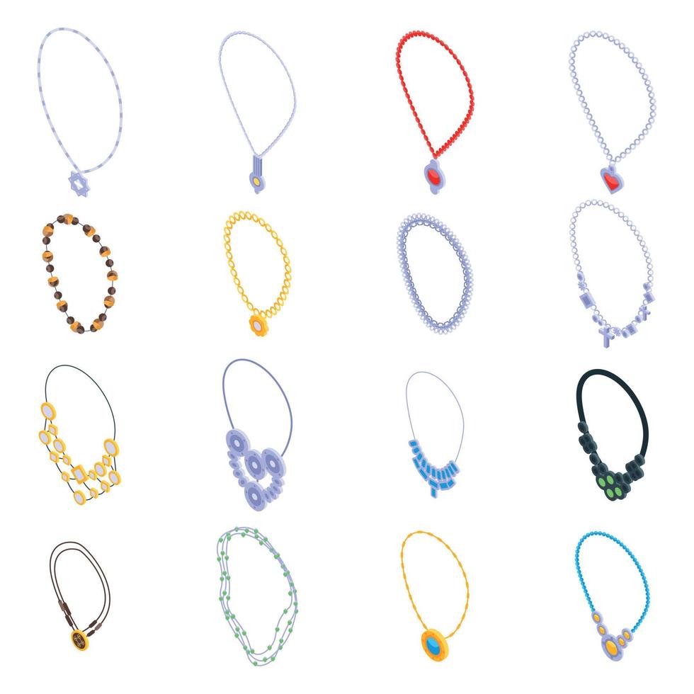 Necklace icons set, isometric style vector