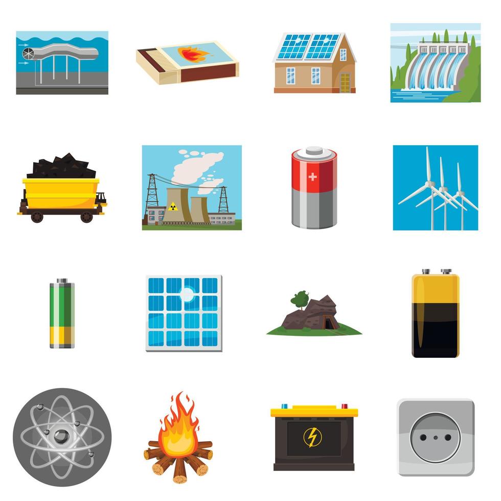 Conjunto de iconos de elementos de fuentes de energía, estilo de dibujos animados vector