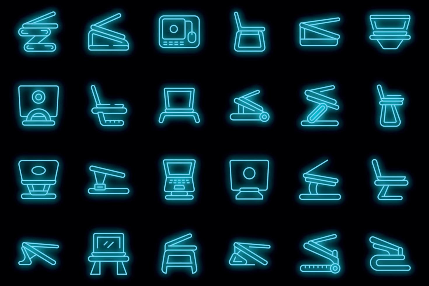 Laptop stand icons set outline vector. Compute work vector neon