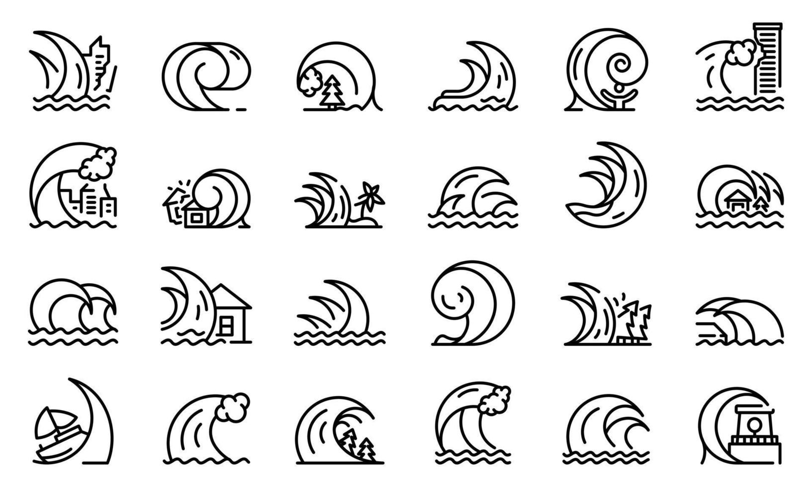Tsunami icons set, outline style vector