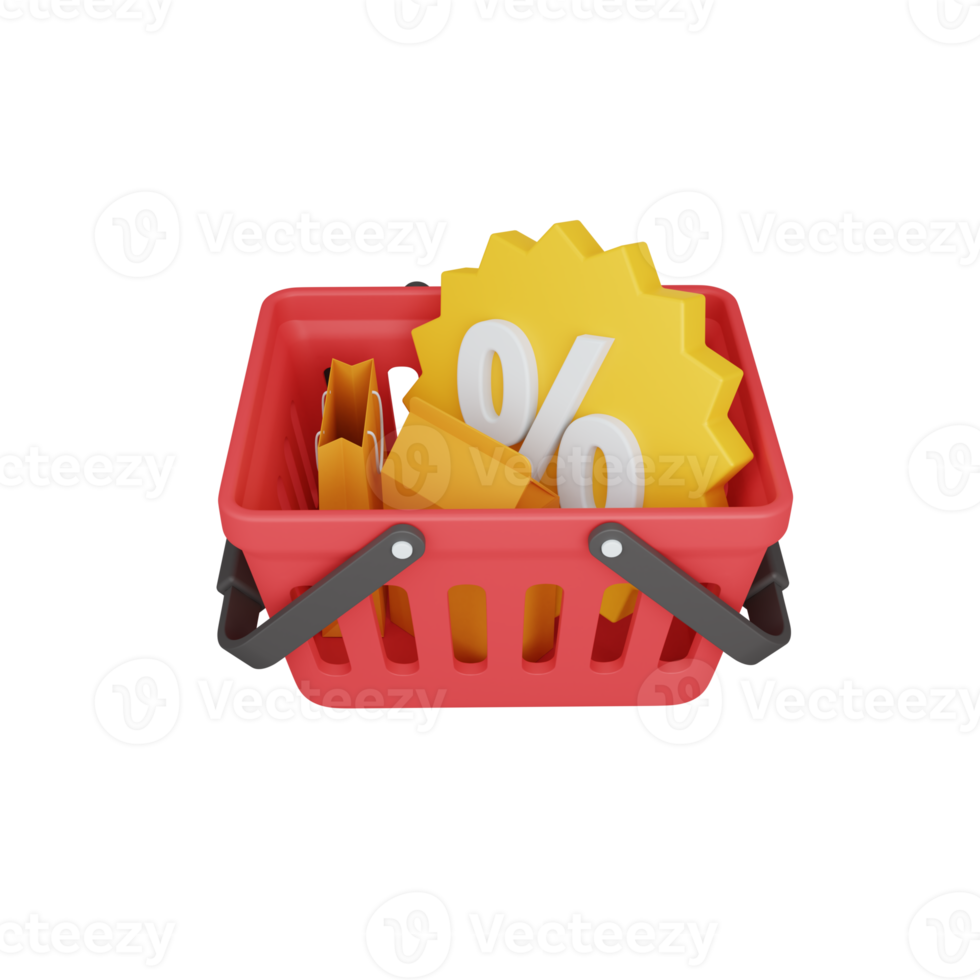 3d rendering shopping basket with discount isolated. useful for e-commerce or business online design png
