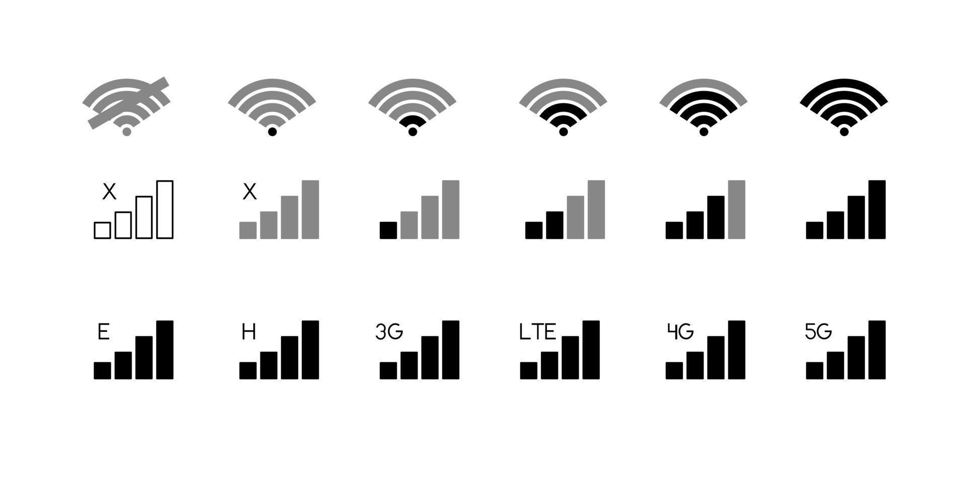 iconos de nivel de conexión de teléfono móvil. sin señal, mal, lte, 3g, 4g y 5g conjunto de iconos de estado de red aislado en fondo blanco vector
