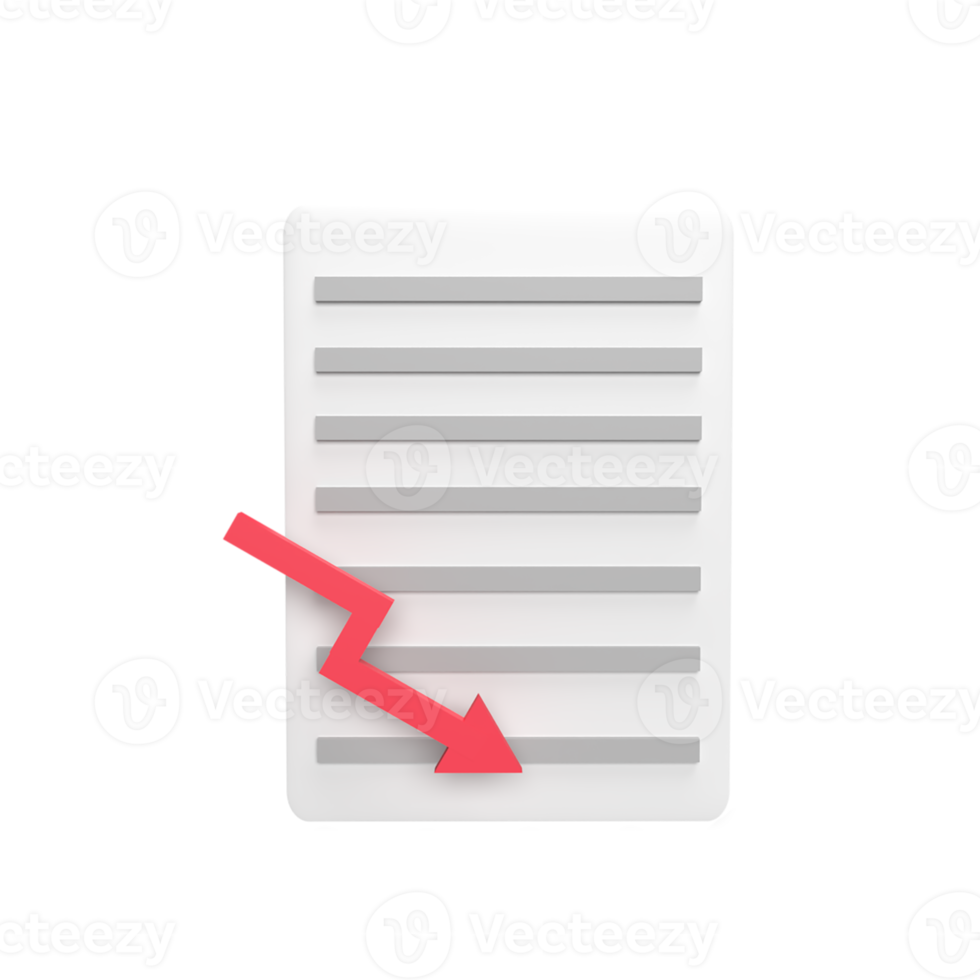 Decrease document graph 3d icon model cartoon style. render illustration png