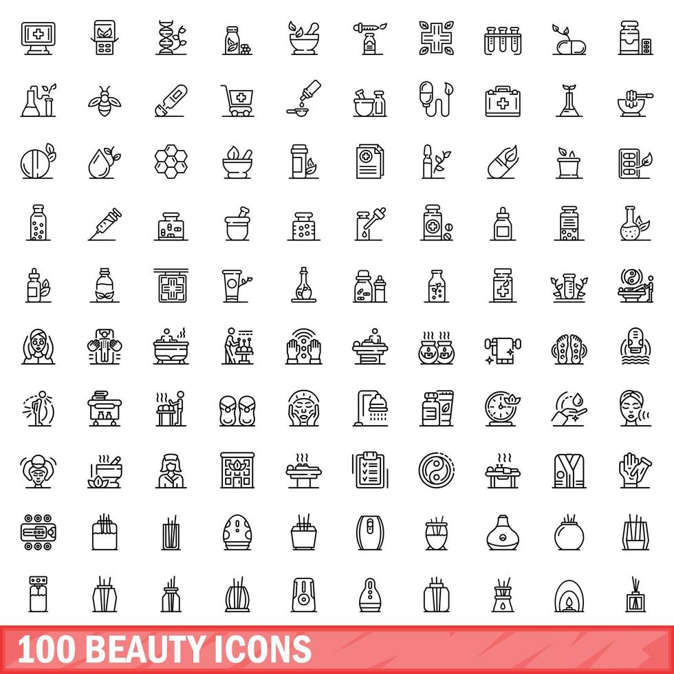 100 beauty icons set, outline style vector