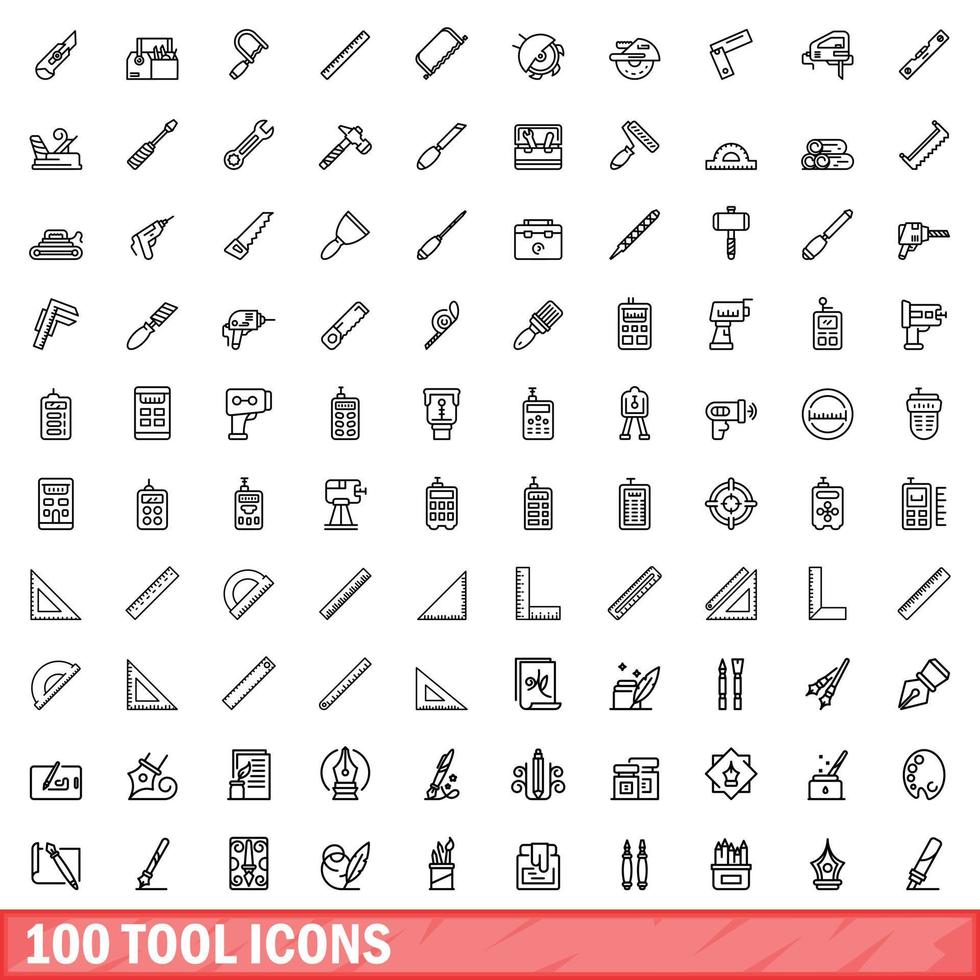 100 tool icons set, outline style vector