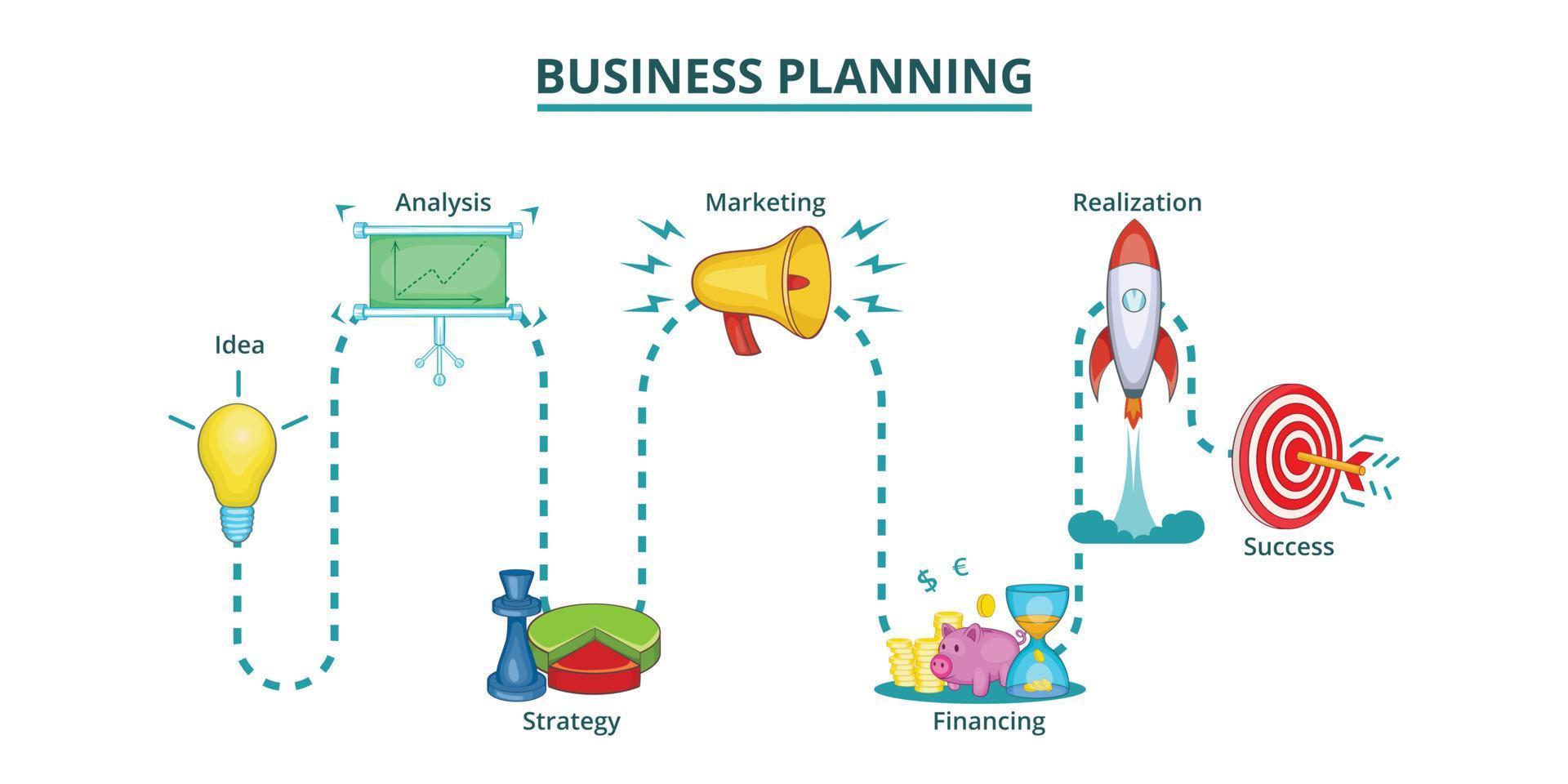 Business plan way banner horizontal, cartoon style vector