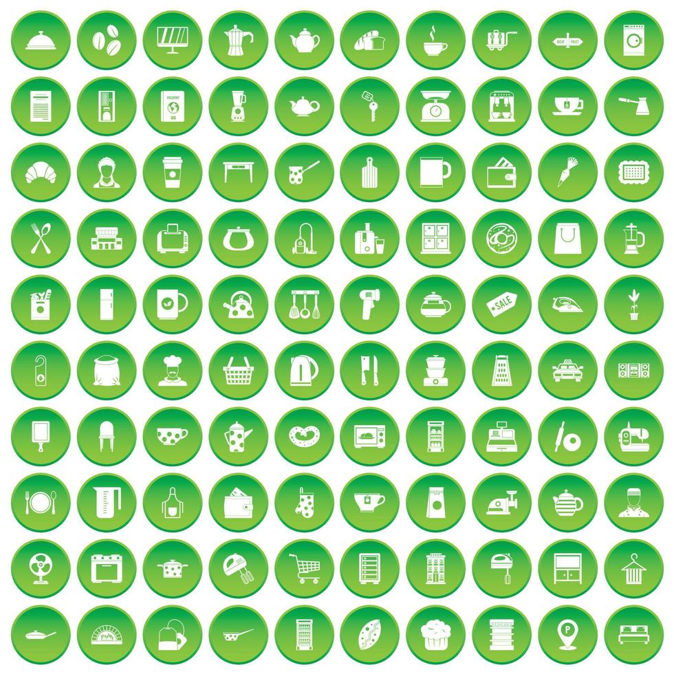 100 iconos de utensilios de cocina en círculo verde vector
