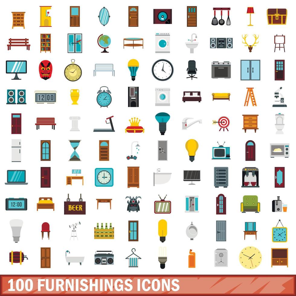 100 furnishings icons set, flat style vector