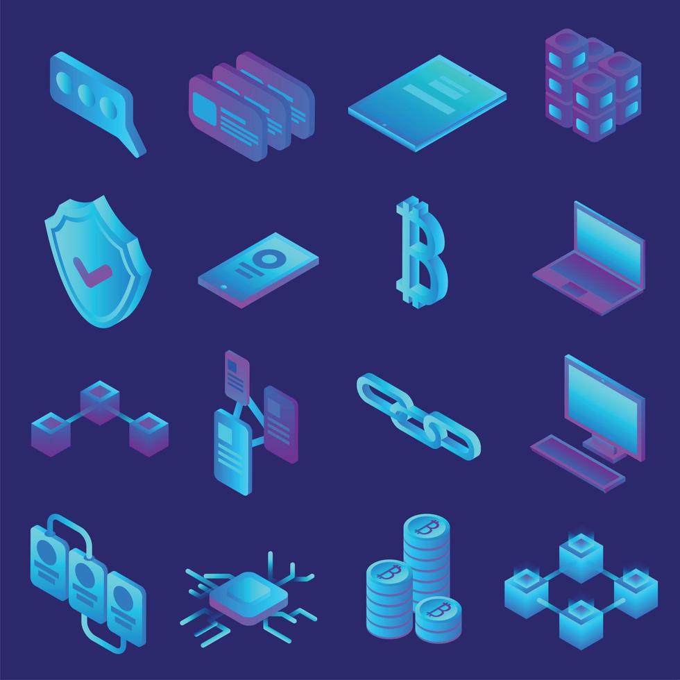 Blockchain icon set, isometric style vector