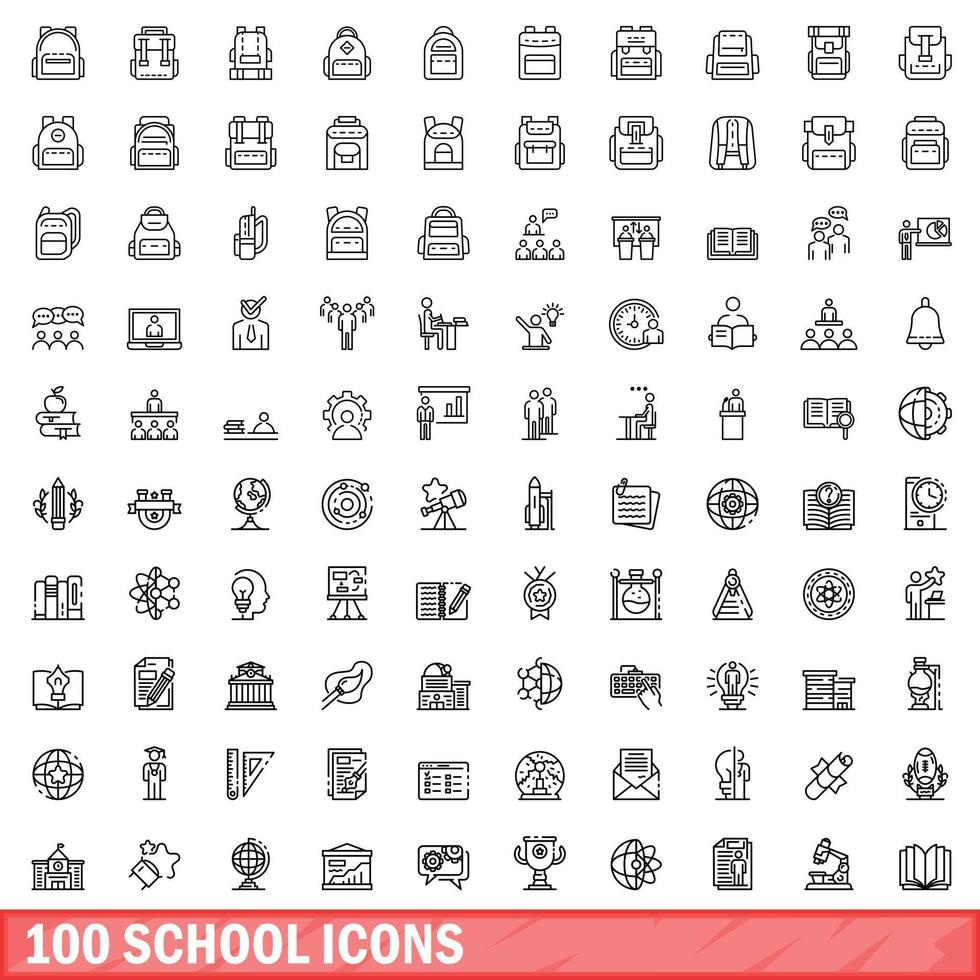 100 school icons set, outline style vector