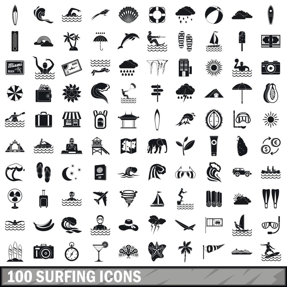 100 surfing icons set, simple style vector