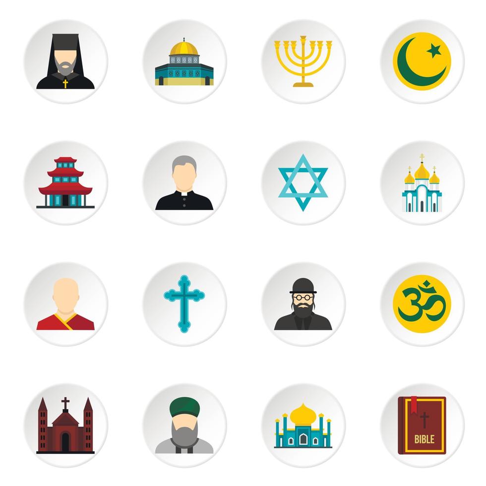 Religious symbol icons set, flat style vector