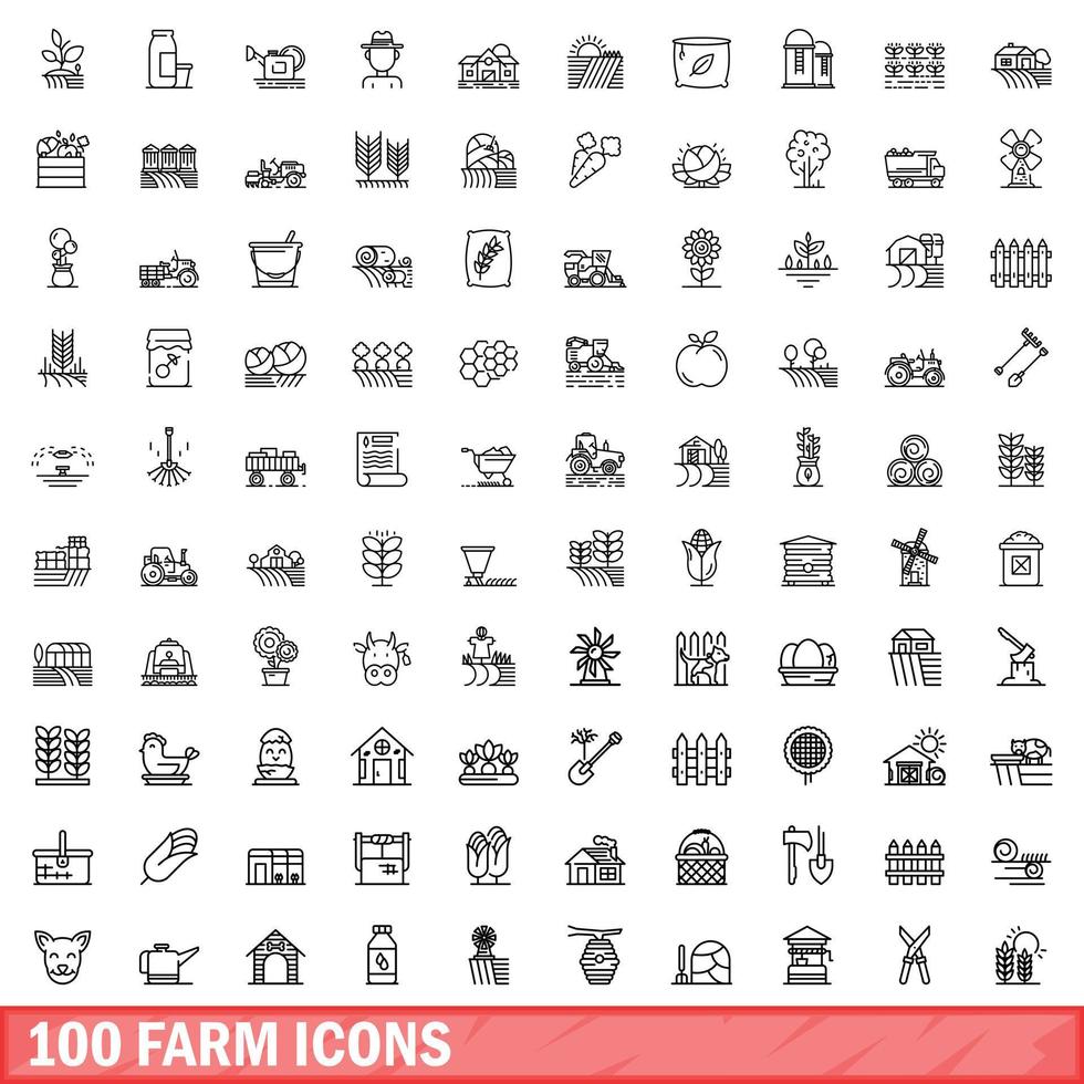 100 farm icons set, outline style vector