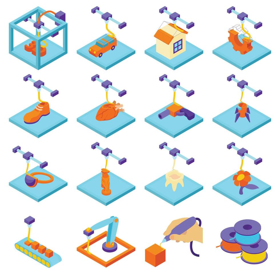 3d printing button icons set, isometric style vector