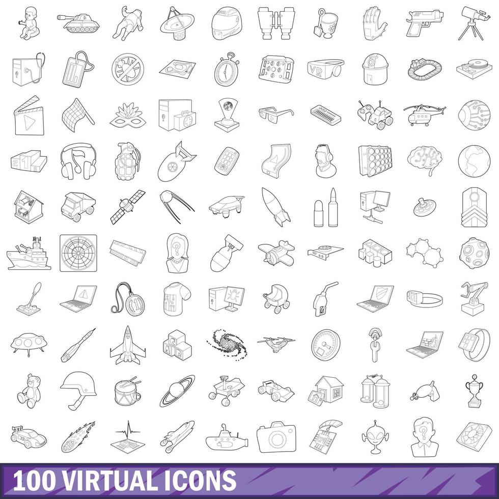 100 virtual icons set, outline style vector