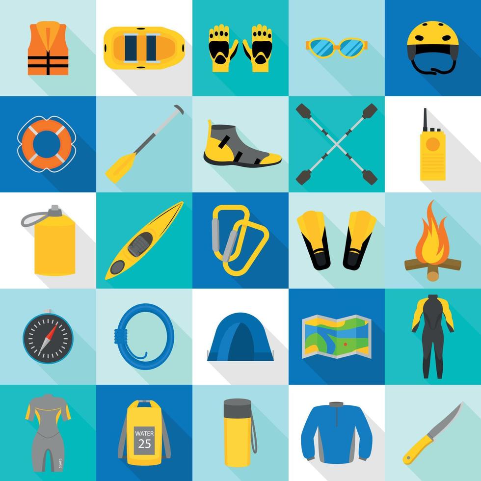 Rafting kayak icons set, flat style vector