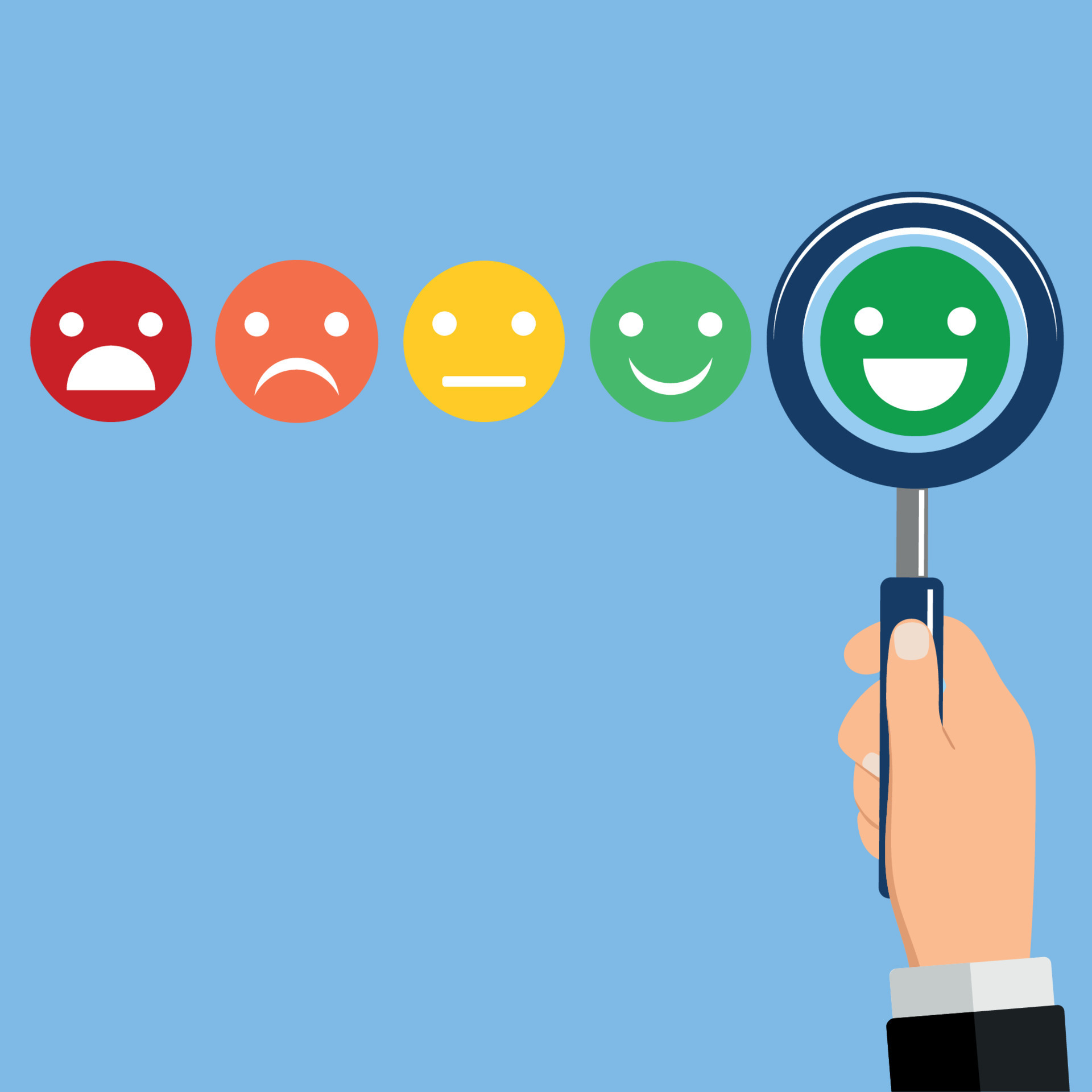 Hand with a magnifier. Five colored cartoon emoticons, set emotion. 8479735 Vector Art at Vecteezy