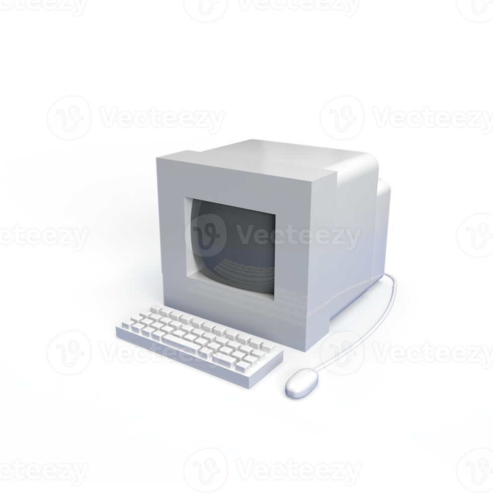 Computer old model with keyboard and mouse 3d render illustration png