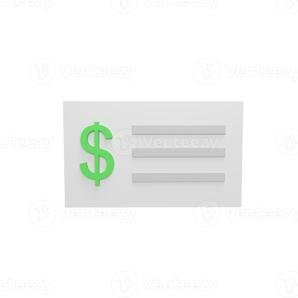Check bank 3d icon model cartoon style concept. render illustration png