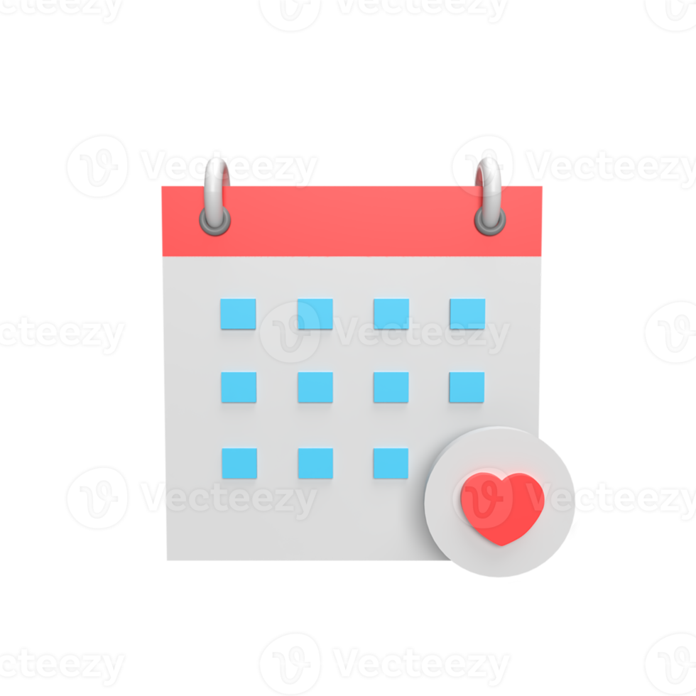 calendar and love icon 3d icon model cartoon style concept. render illustration png