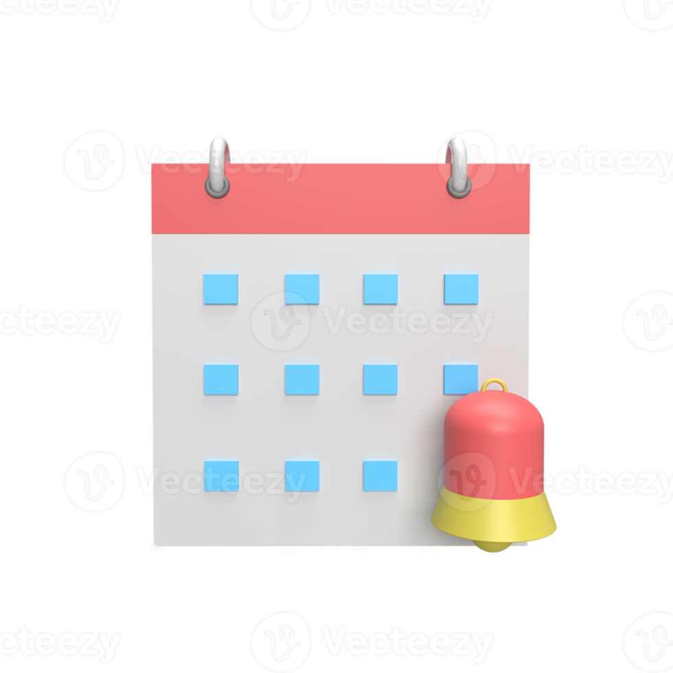 Calender with bell 3d icon model cartoon style concept. render illustration png