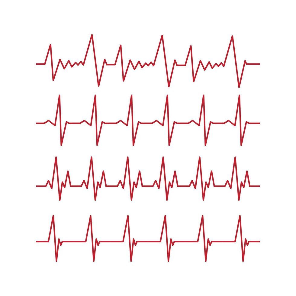 Set of 4 pcs. heart pulse - curved red line on white background - Vector