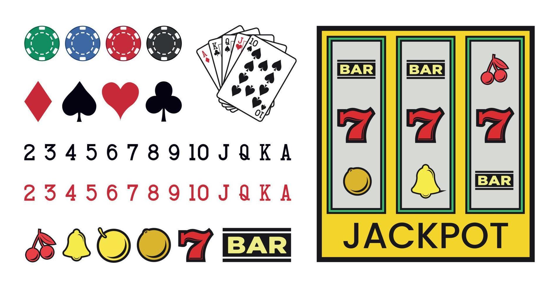 gran juego de casino con elementos de póquer, máquinas tragamonedas, dados sobre un fondo blanco - vector