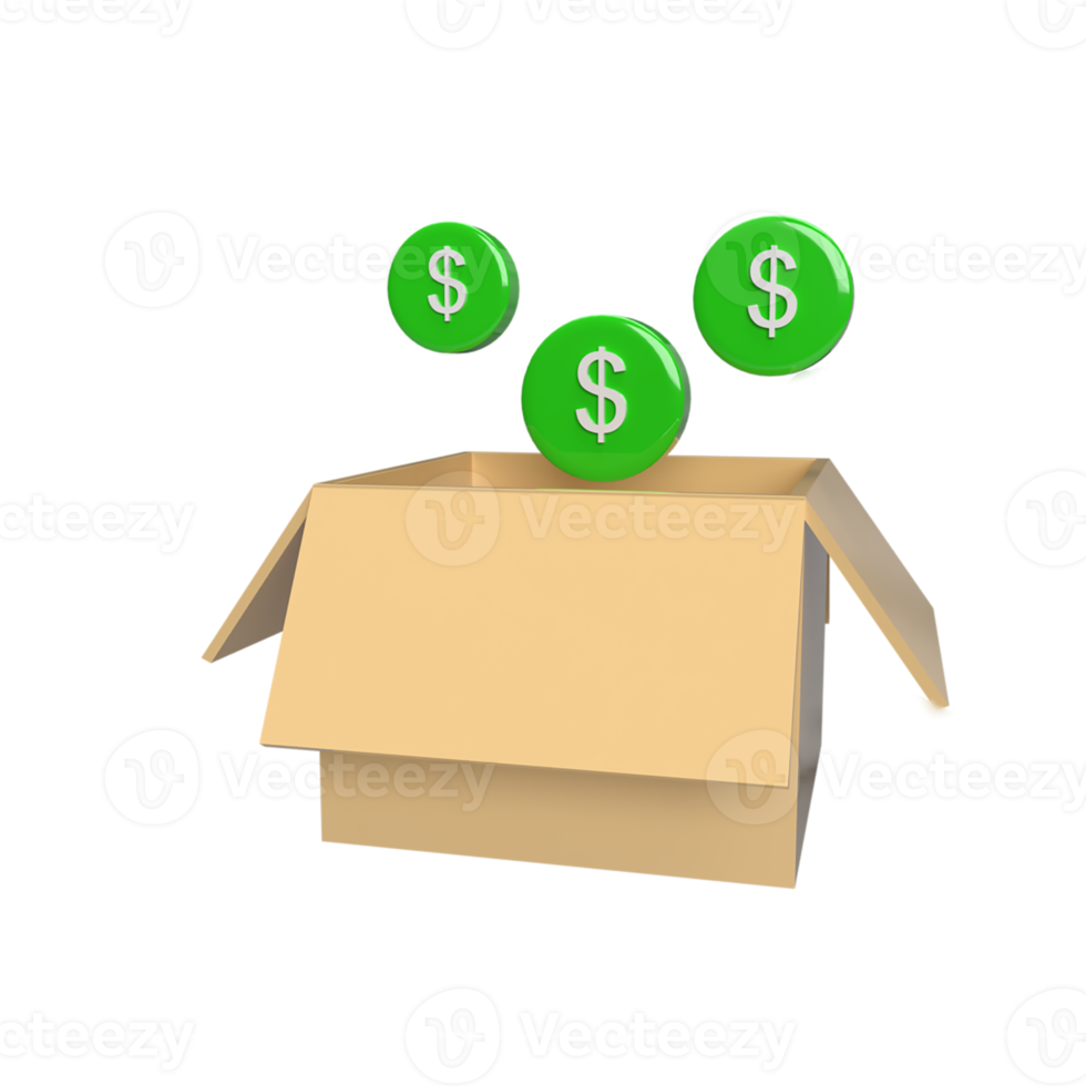 Cardboard with dollar 3d model cartoon style. render illustration png