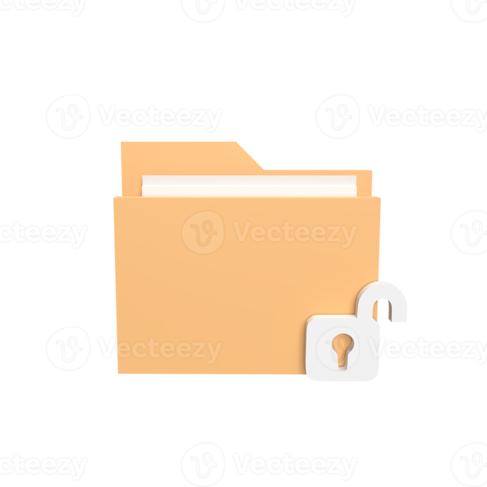 Folder open lock 3d icon model cartoon style concept. render illustration png