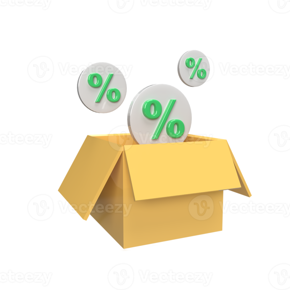 3D discount and box illustration, gift box, special voucher concept. render illustration png