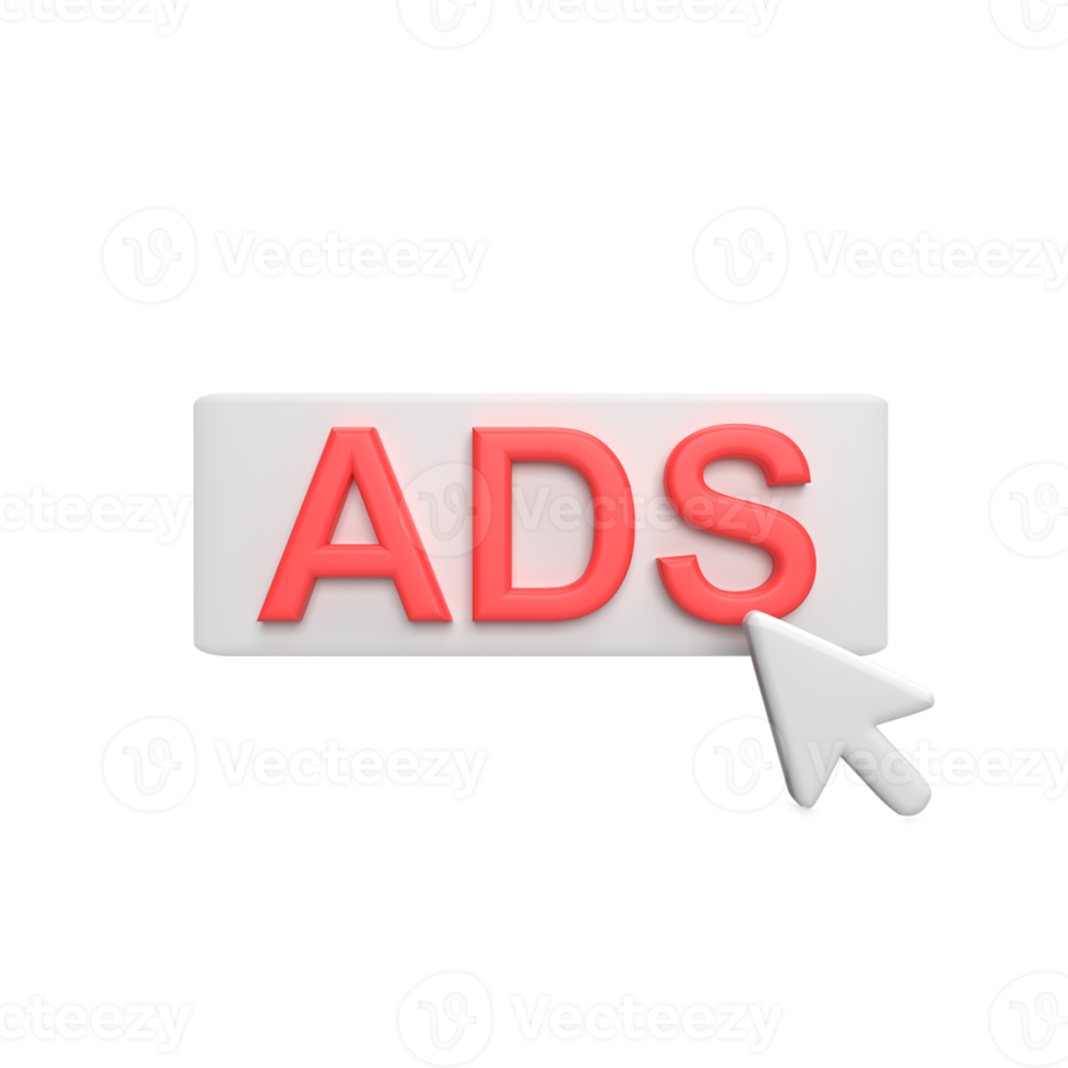 Ads Click 3d icon model cartoon style concept. render illustration png