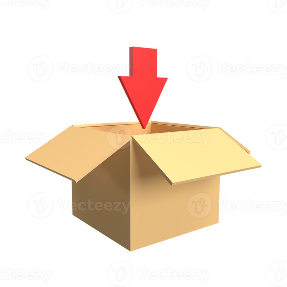 box and down arrow 3d icon model cartoon style concept. render illustration png