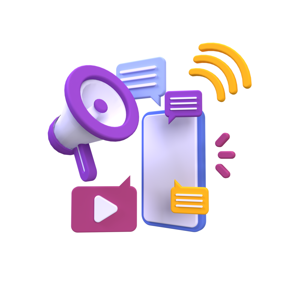 smartphone con illustrazione del megafono per il concetto di idea di business isolato su sfondo colorato, 3d, rendering png