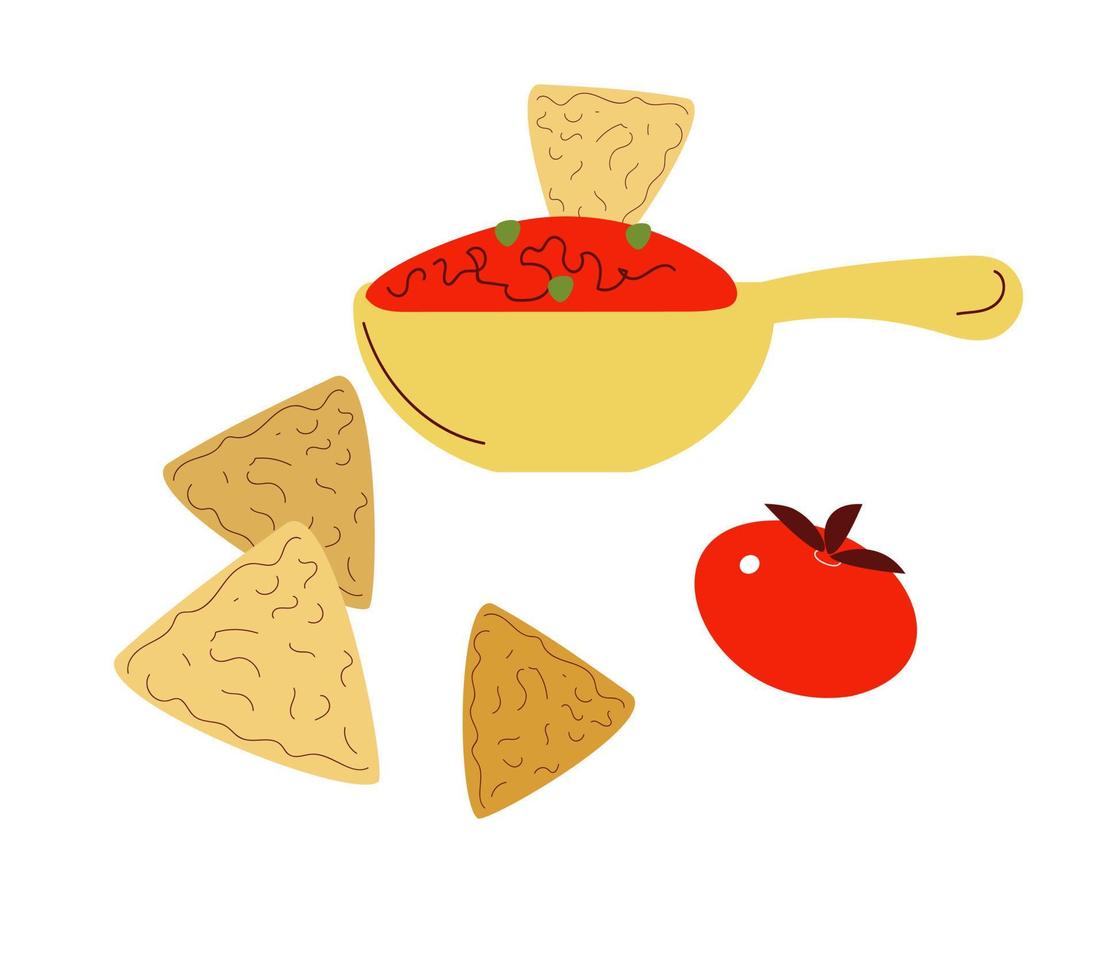 Tazón de salsa, bocadillos, salsa, chile, nachos, lima, tomates, con ingredientes. comida tradicional mexicana, ilustración de vector de estilo de dibujo de garabato sobre fondo blanco.