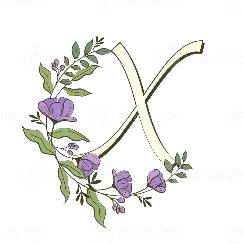 A-Z floral alphabet in filled outline style png